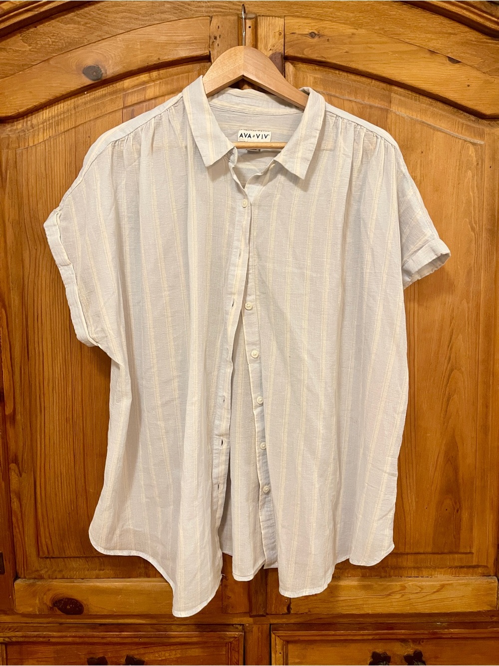 Ava & Viv Light Blue Striped Short-Sleeve Semi-Sheer Button-Up Shirt